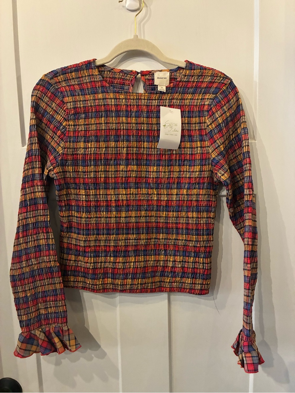 Maeve Multicolor Plaid Smocked Long Sleeve Blouse